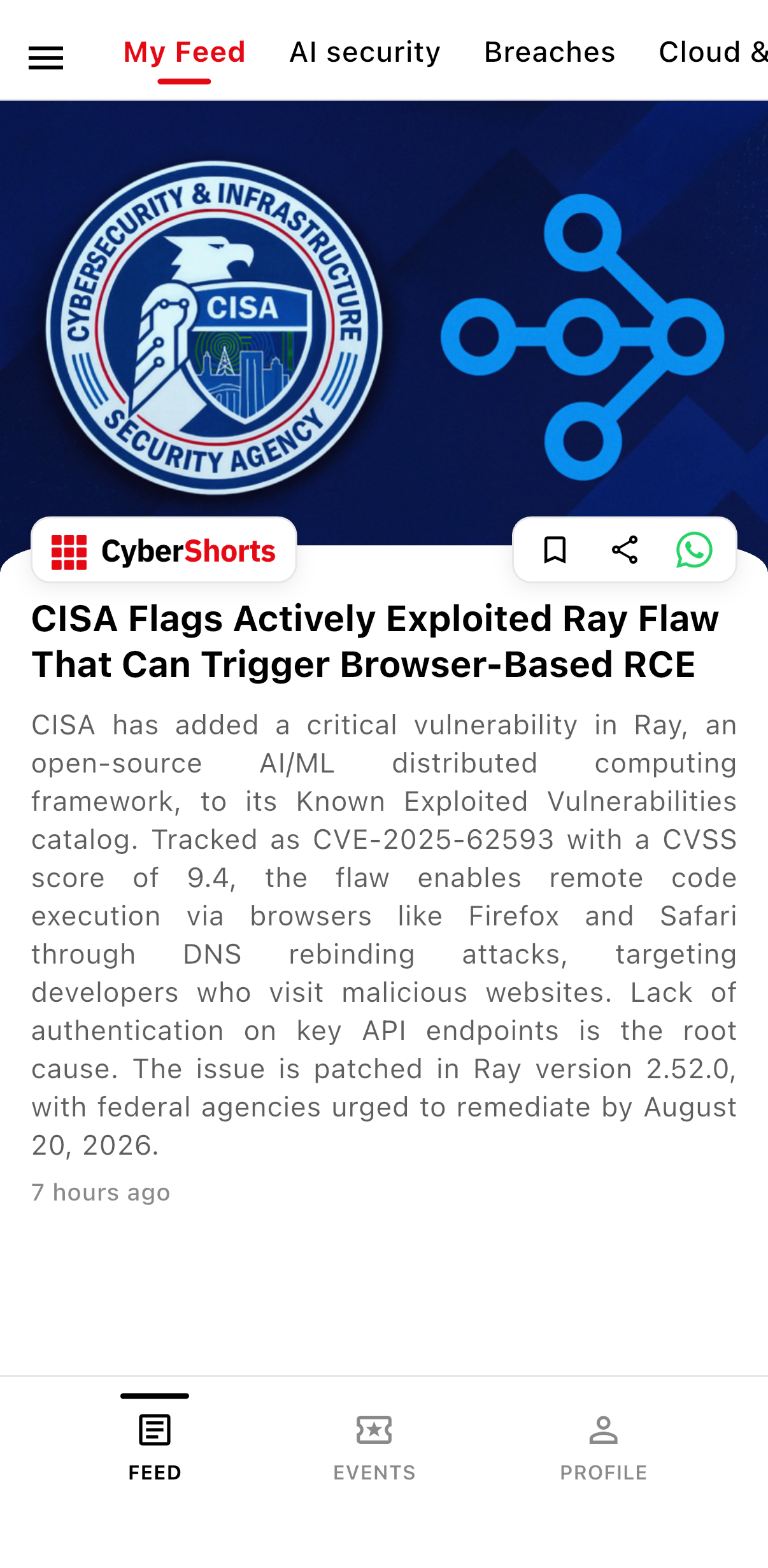 CyberShorts feed card about CISA flagging an actively exploited Ray flaw that can trigger browser-based RCE